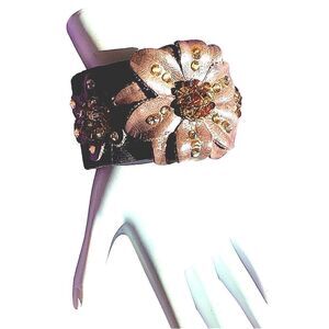 Vintage leather crystal fiber floral cuff bracelet bronze gold ab crystal